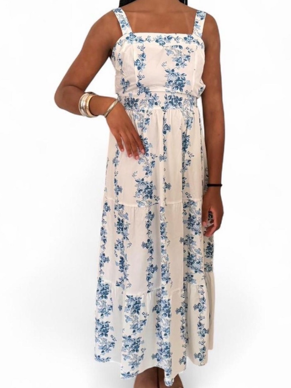 Cream and Blue Floral Tiered Sundress